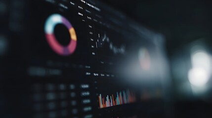 Digital screen displaying a comprehensive financial analytics dashboard with various charts graphs and data for business analysis and investment
