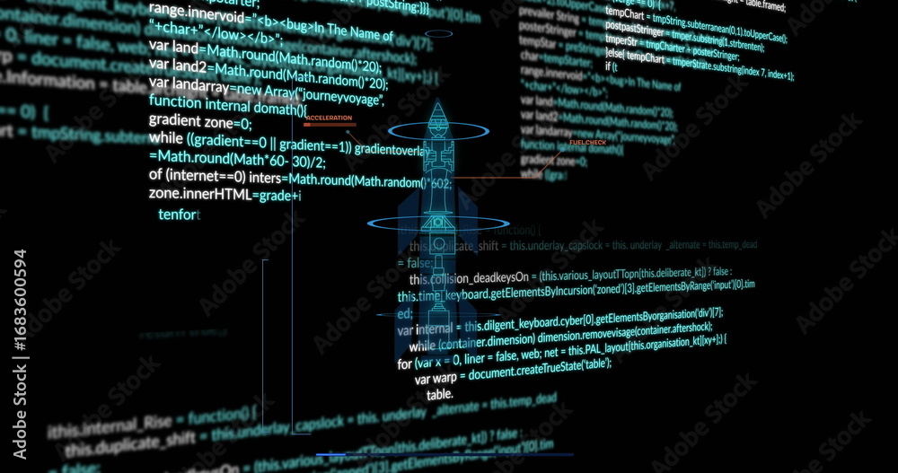 Wall mural showing dark ide displaying javascript code on computer screen, with wireframe rocket