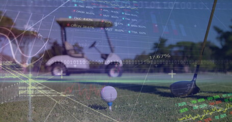 Overlaying financial data on golf ball on tee at golf course, with driver head, golf cart