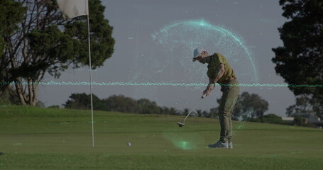 Leaning golfer wearing polo shirt lining up putt on putting green, with putter, ball, copy space