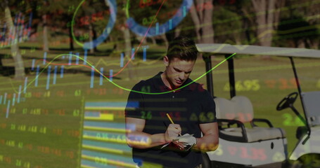 Golfer in polo shirt writing scorecard with pencil on fairway, with golf cart, stock market charts
