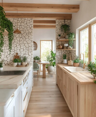 Cocina moderna con madera clara, plantas decorativas, luz natural y detalles rústicos, diseño de interiores. Carpintería de madera. Rehabilitación, reforma parcial o total y obras de construcción © noiteterna