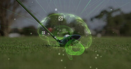 Golf driver head with neon-green brain hologram hitting golf ball on fairway, network grid nodes