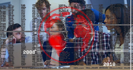 Team of six experts collaborating around table with laptops in office, with red globe nodes overlay