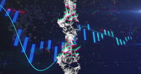 Displaying abstract 3D network mesh strand rising in digital interface, with bar charts, line graph