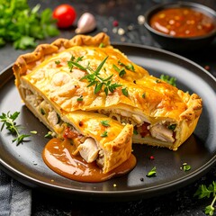 Golden-crusted chicken pot pie, sliced open, reveals a savory filling, drizzled with rich gravy, presented on a dark plate.