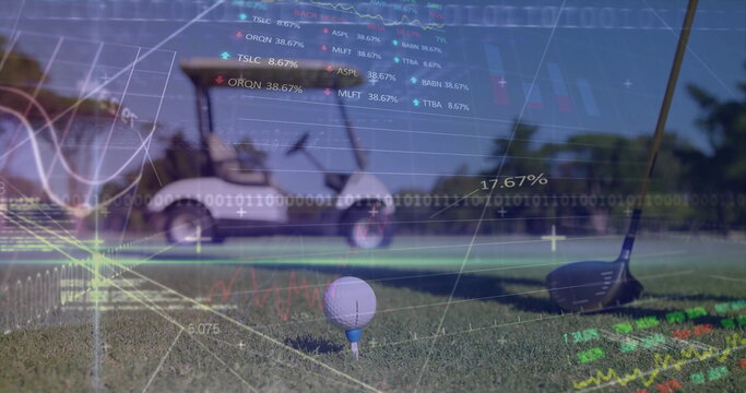 Overlaying financial data on golf ball on tee at golf course, with driver head, golf cart