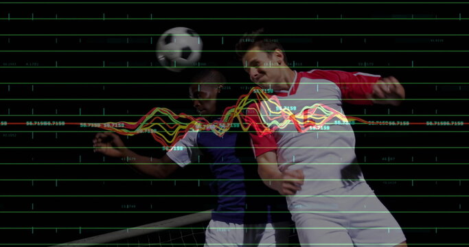 Leaping two soccer players in contrasting jerseys heading soccer ball near goal, with graph overlay