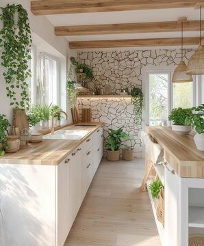 Cocina r&uacute;stica con madera, piedra decorativa, plantas verdes y luz natural. Cocina moderna creada por carpinteros, empresas de construcci&oacute;n, reformas o rehabilitaciones de viviendas, totales o parcial