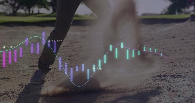 Kicking sandy ground, lower body of white male raising dust at park, with candlestick chart overlay - Powered by Adobe