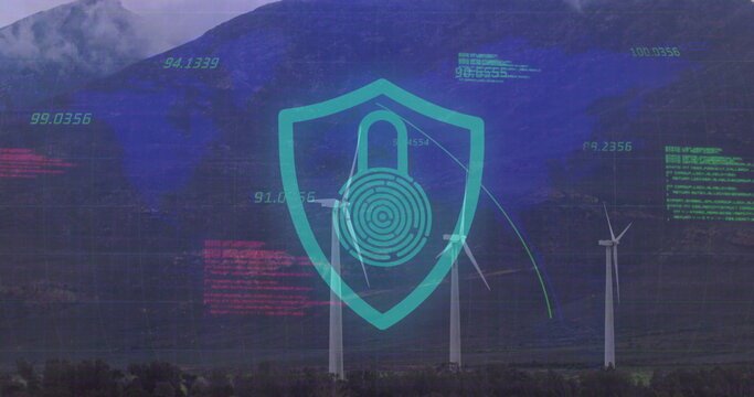 Hovering digital shield over wind farm, highlighting turbines and padlock fingerprint code overlays