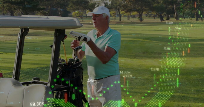 Senior golfer adjusting golf club beside golf cart on golf course fairway, with data overlay