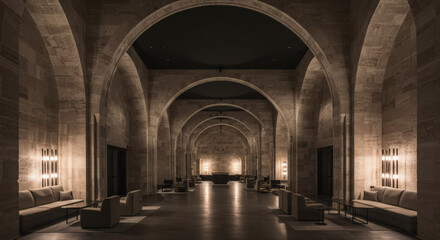Fototapeta premium An empty, high-end boutique hotel lobby featuring bold architectural arches, natural stone textures, and minimalist furniture under dramatic, sculptural lighting