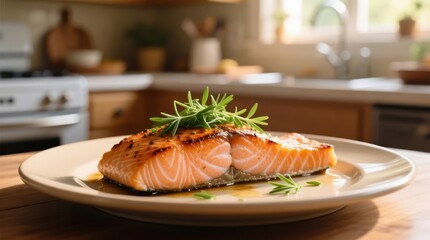 Pan-seared salmon fillet, garnished with rosemary, on a plate in a kitchen