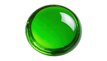 Bright, glossy, round green button.  Circular, vibrant,  glassy surface