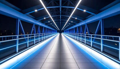 Obraz premium Walking on Illuminated Pedestrian Bridge at Night with Blue Lights