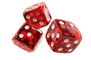 Three red dice in mid-air