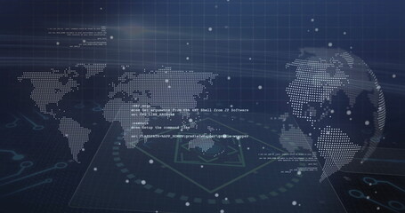 Displaying dotted world map on futuristic screen, with dotted globe, code snippets, glowing grid