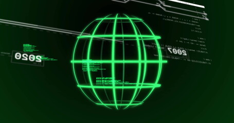 Displaying glowing green wireframe sphere hovering at center of interface, with floating code
