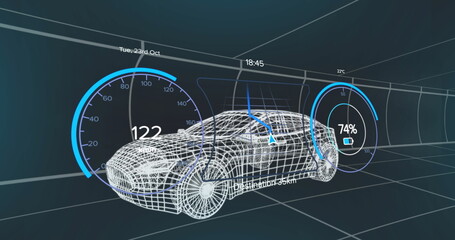 Wireframe sedan moving in grid tunnel, showing speedometer navigation arrow battery gauge date or ti