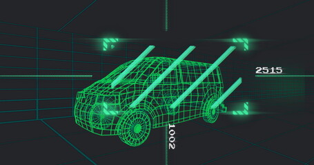 Displaying neon green 3D wireframe passenger van rotating in grid interface, featuring HUD brackets