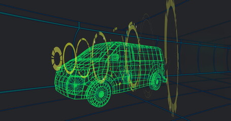 Displaying green wireframe cargo van scanning inside tunnel with blue grid lines, yellow rings