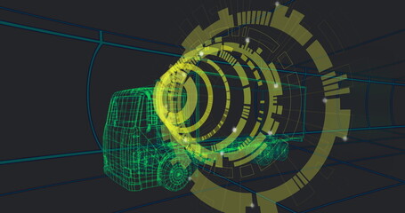 Displaying 3D wireframe truck within grid-lined tunnel, with HUD overlays and light particles