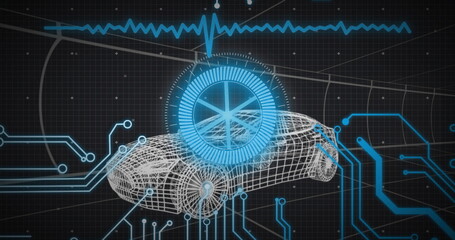 Displaying wireframe car over dark grid, tracing circuit lines, showing HUD dial and ECG waveform
