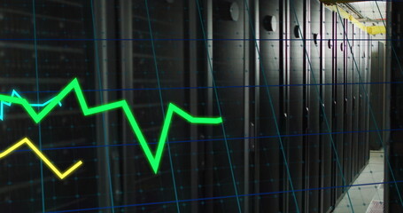 Lining black server racks in server room corridor, grid overlay showing neon green or yellow graphs