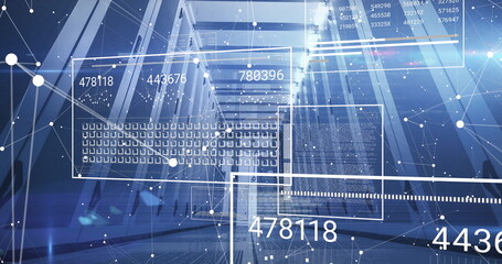 Illuminating data center corridor showing server racks, with cable trays and numeric UI panels