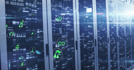 Fototapeta na wymiar Glowing glass-fronted server racks monitoring efficiency in server room corridor, with green icons