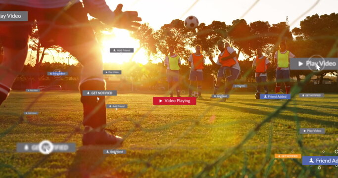 Taking shot seven women soccer players practicing on sunset field, with net, ball and UI overlays