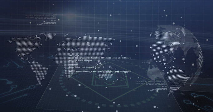 Displaying dotted world map on futuristic screen, with dotted globe, code snippets, glowing grid - Powered by Adobe