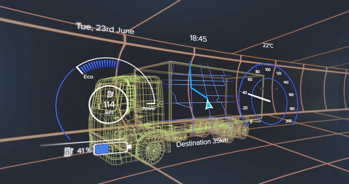 Displaying green wireframe semi-truck navigating dashboard tunnel with Eco gauge and map overlay