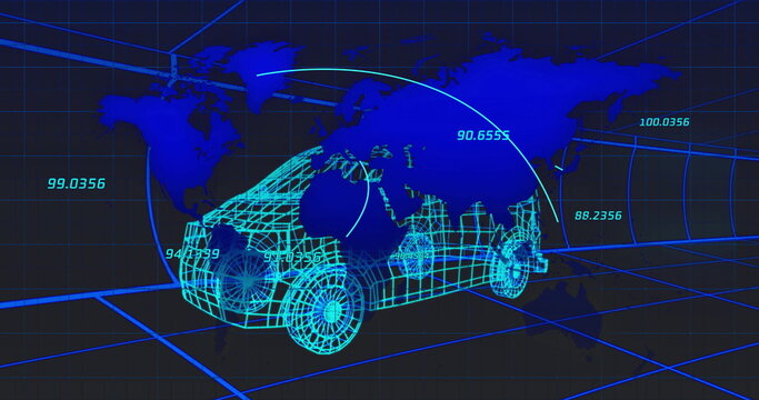 Fototapeta Displaying neon-blue wireframe car model floating in virtual 3D environment, with digital map data