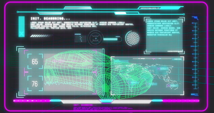 Displaying holographic scanning interface in console, with wireframe head, world map, neon frame