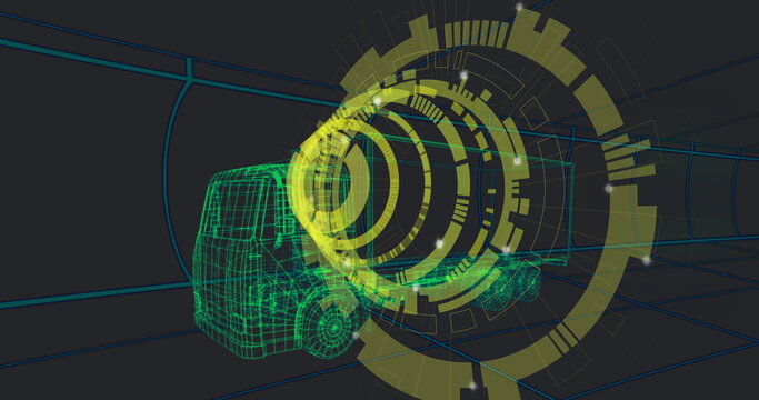Fototapeta Displaying 3D wireframe truck within grid-lined tunnel, with HUD overlays and light particles