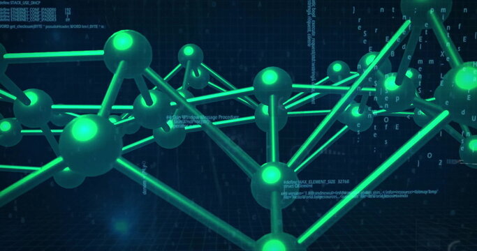 Floating network linking glowing green spheres with tubular rods above grid plane and code overlays - Powered by Adobe