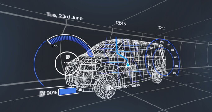 Wireframe SUV model rotating in virtual tunnel grid, with Eco gauge, battery bar, navigation arrow