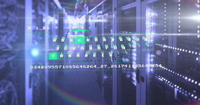 Displaying digital code overlay in server rack corridor, highlighting blinking LED indicators