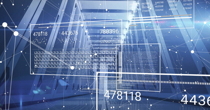 Illuminating data center corridor showing server racks, with cable trays and numeric UI panels