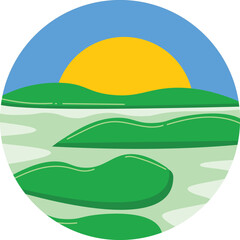 Minimalist flat design nature landscape with vibrant green hills a golden sun and calm water under a bright blue sky tranquil serene outdoor scene vector illustration