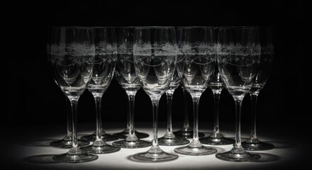 Elegant wine glasses, etched design, dark background