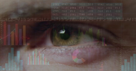Merging close-up human eye with data panels at interface, with data visualizations
