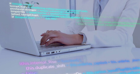 Chinese woman in white blazer typing code on laptop in office, with code overlay, copy space