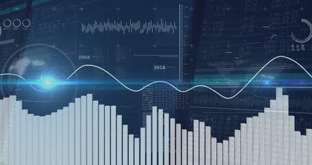 Displaying white bar chart spanning bottom of data dashboard, with translucent globe and line graph