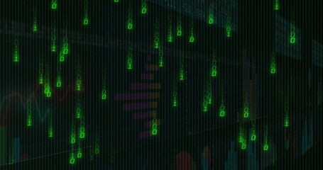 Displaying green binary streams on digital dashboard, with bar graphs, line charts, grid overlay