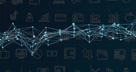 Displaying network graph on grid backdrop, featuring glowing blue nodes, lines and financial icons