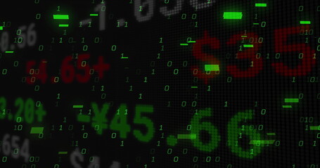 Displaying +45 cluster streaming green binary digits on dark pixel grid display, with red figures