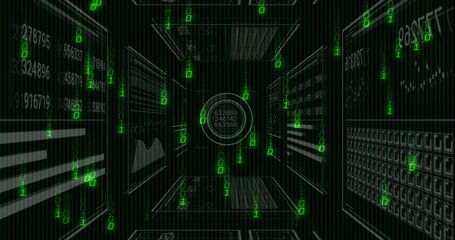 Displaying circular holographic gauge showing numeric data inside data corridor with binary streams